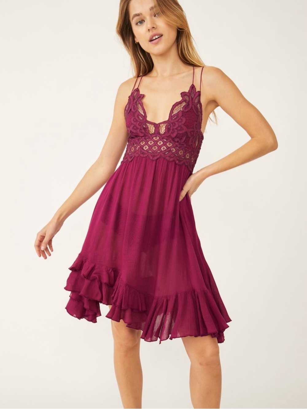 Free People Adella Slip Dress Wine Lace-Trim Babydoll Slip Dress Sz S